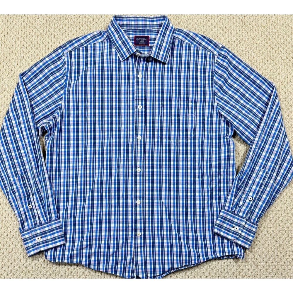 UNTUCKit Hall Shirt Mens L Blue/Pink Plaid Long Sleeve Button Down Slim Fit